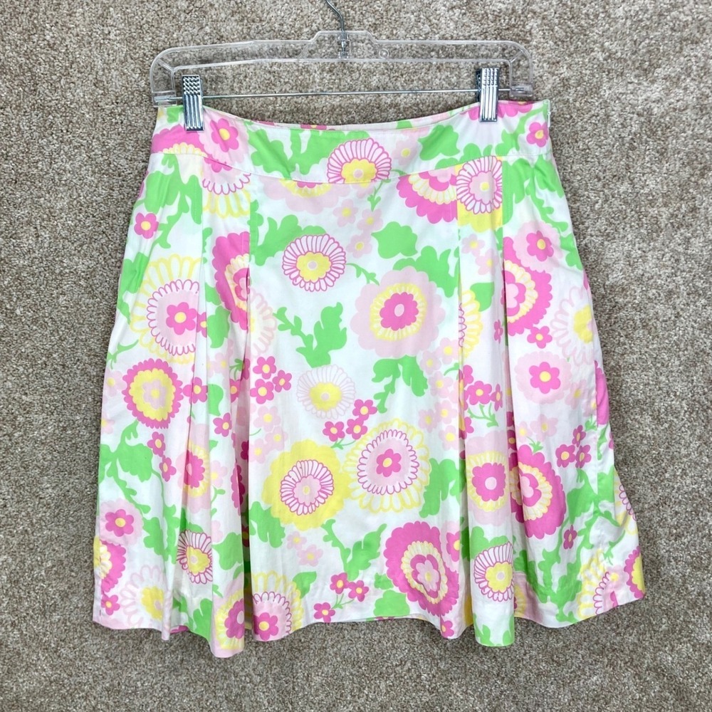 Lilly Pulitzer Floral Pleated A-Line Skirt Women 6 Pink Green Pockets Resortwear